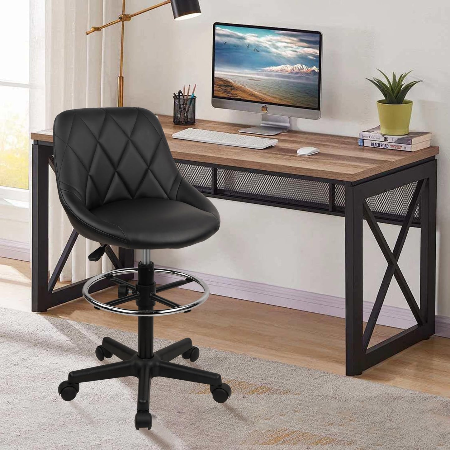 KLASIKA Drafting Chair with Backrest and Wheels, Adjustable Footrest Height Rolling Stool, PU Leather Tall Swivel Chairs Work Shop Office Desk Stools for Kitchen Home Bar, Black, 4 Pack