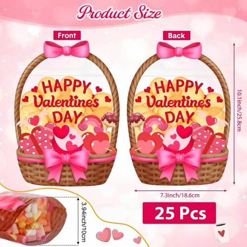 Fuutreo 25 Pcs Valentine's Day Gift Bags Heart Basket Treat Bags with Handles Reusable Plastic Favor Pouches for Holiday Candy Wrapping, Party Goodie Supplies, and Romantic Gift Decor(Pink Heart)