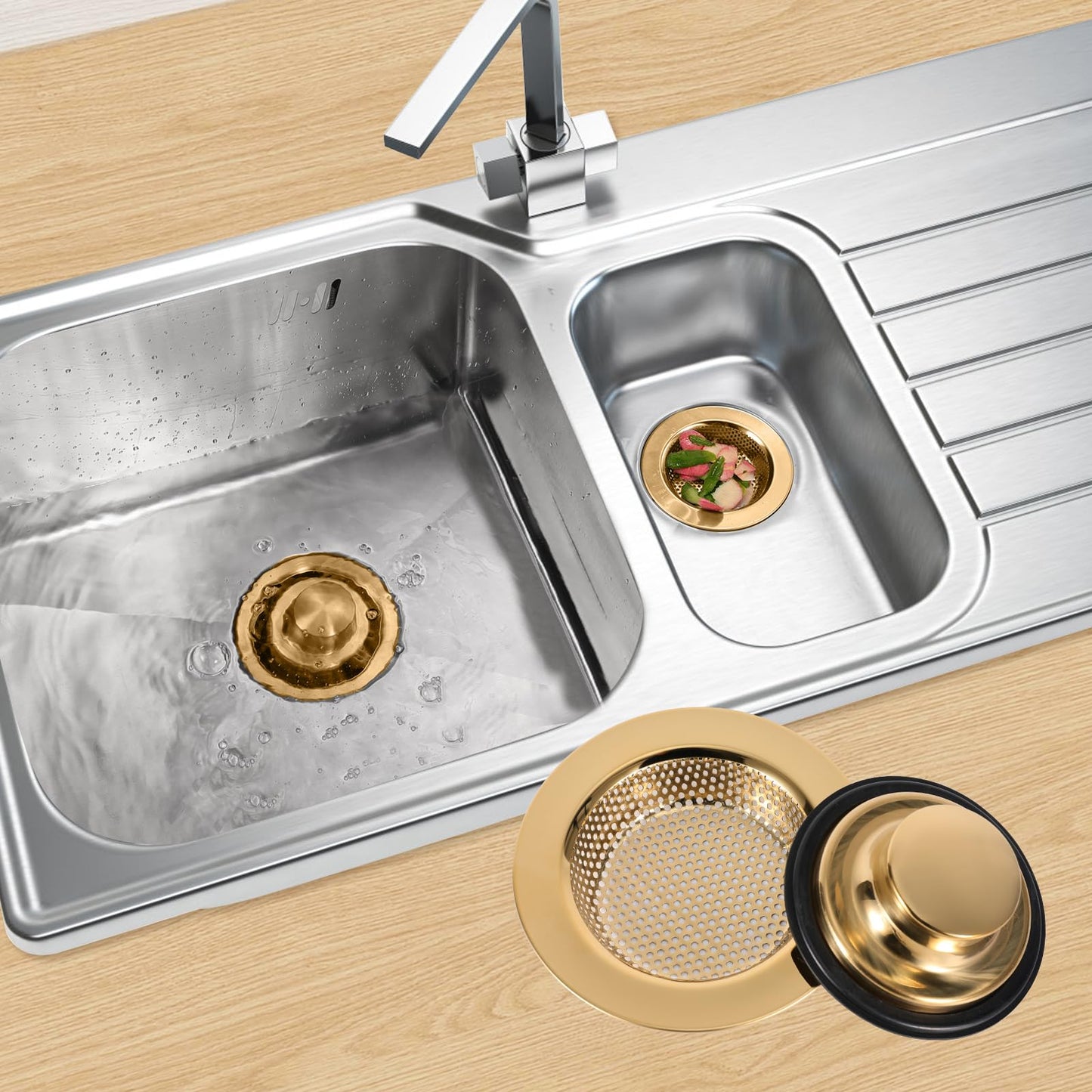 RQYEKDO Kitchen Sink Strainers Sink Stopper Kits, Stainless Steel Sink Drain Strainer Set, Large Wide Rim 4.4" Diameter Food Catcher Garbage Disposal Plug for Most Sink Drains Basket Filter (Gold)