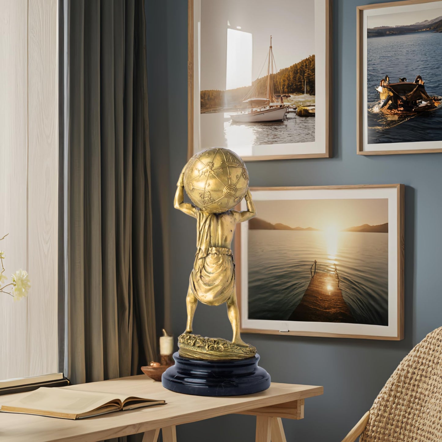 R REALONG Gloden Bronze Atlas Sculpture with Marble Base – 13.4" Tall Handcrafted Titan Atlas Carrying Globe Figurine, Lost-Wax Cast Bronze Art Decor for Home, Office & Collectors