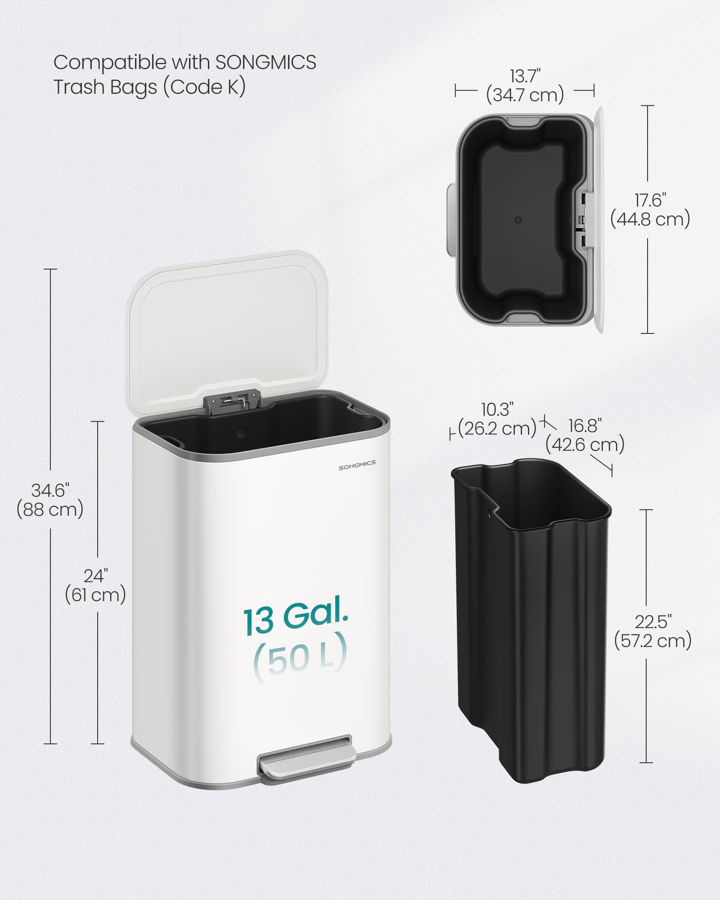 SONGMICS Kitchen Trash Can, 13-Gallon (50 L) Garbage Can with Lid, Stainless Steel, Soft Close and Stays Open, Inner Bucket, Wide Non-Slip Pedal, Cloud White ULTB547W01
