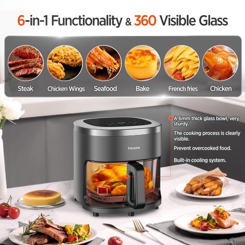6-IN-1 Glass Air Fryer,4.5QT Air Fryer with Viewing Glass Pot, Air Fry, Dehydrate, Air Crisp Technology,Nonstick & Dishwasher Safe Basket,97% Less Oil,Features Digital Timer (Gray)