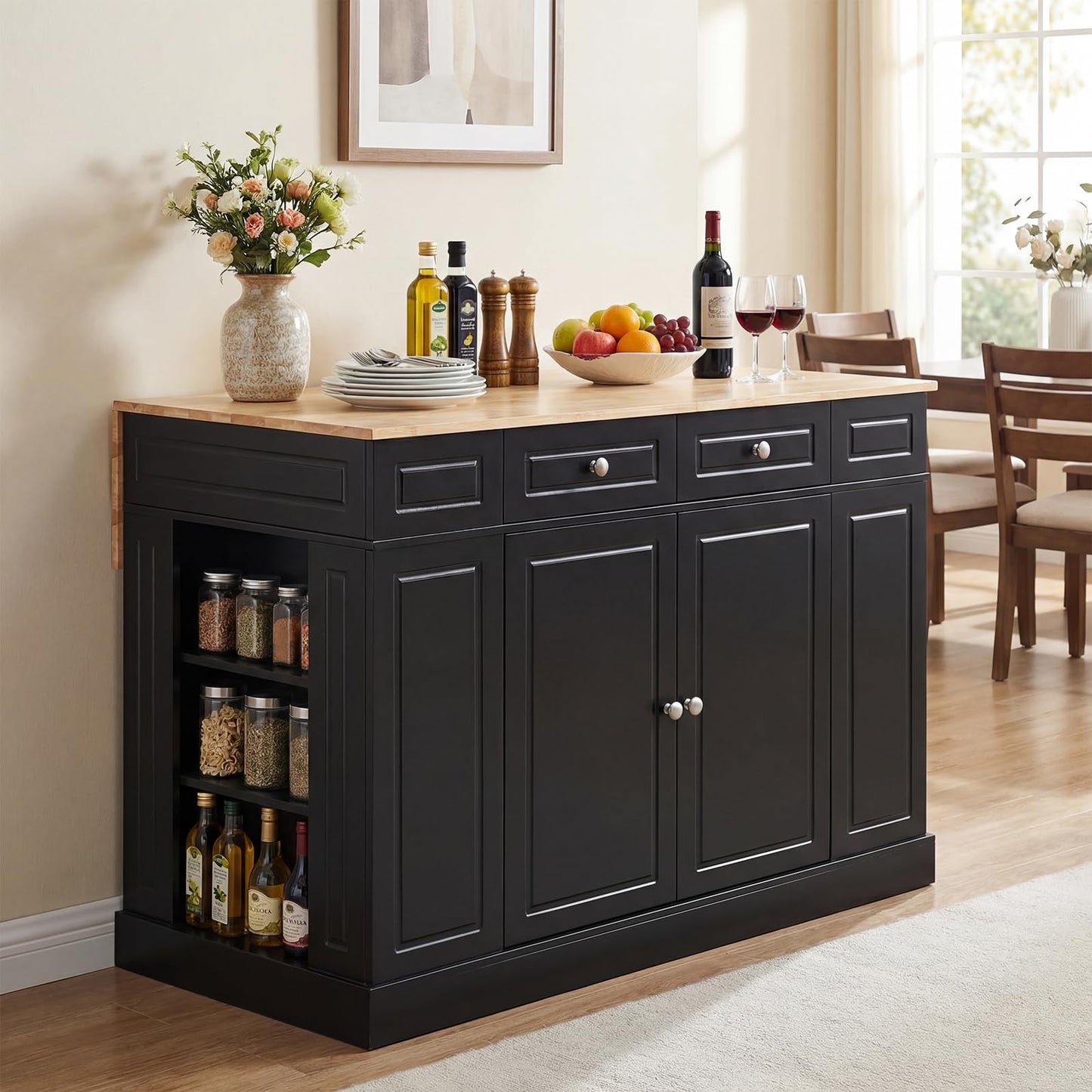 Giantex Kitchen Island with Storage & Drop Leaf, 48" Stationary Island Table with Rubber Wood Top, 2 Drawers, Cabinet, Adjustable Shelf, Butcher Block Island for Living Dining Room, Bar (Black)