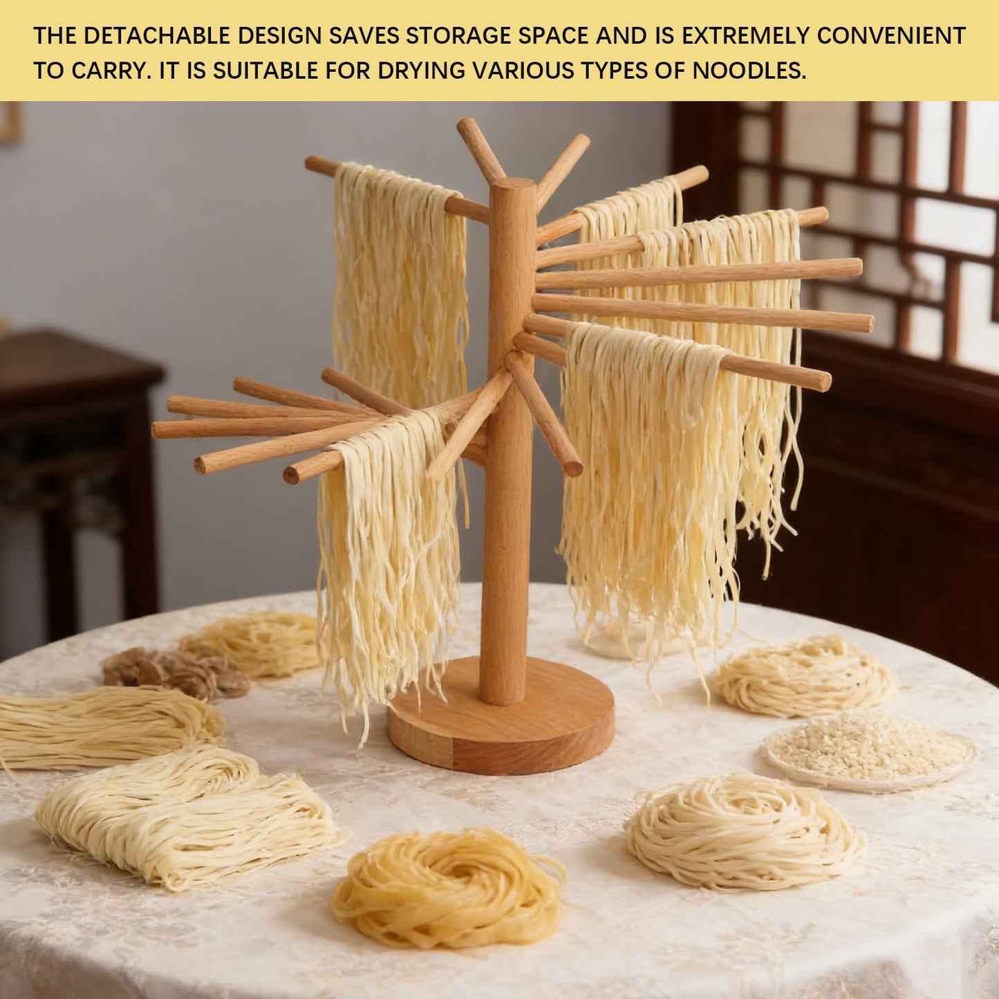 Pasta Drying Rack 16 Arms–12.9" Wooden Noodle Drying Stand with 6" Hanging Bars for Fresh Spaghetti Fettuccine Homemade Pasta