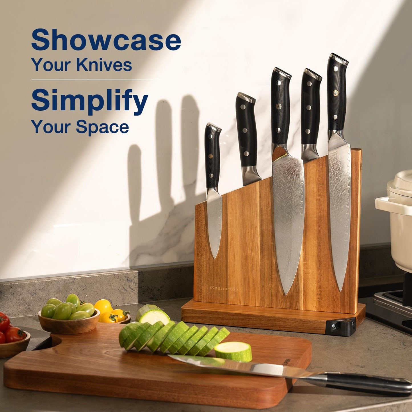 Gourmetop Magnetic Knife Holder with Built-in Sharpener, 100% Acacia Wood Magnetic Knife Block without Knives, Strong Double-Sided Magnetic Knife Holder for Kitchen Countertop Organization, Light Wood