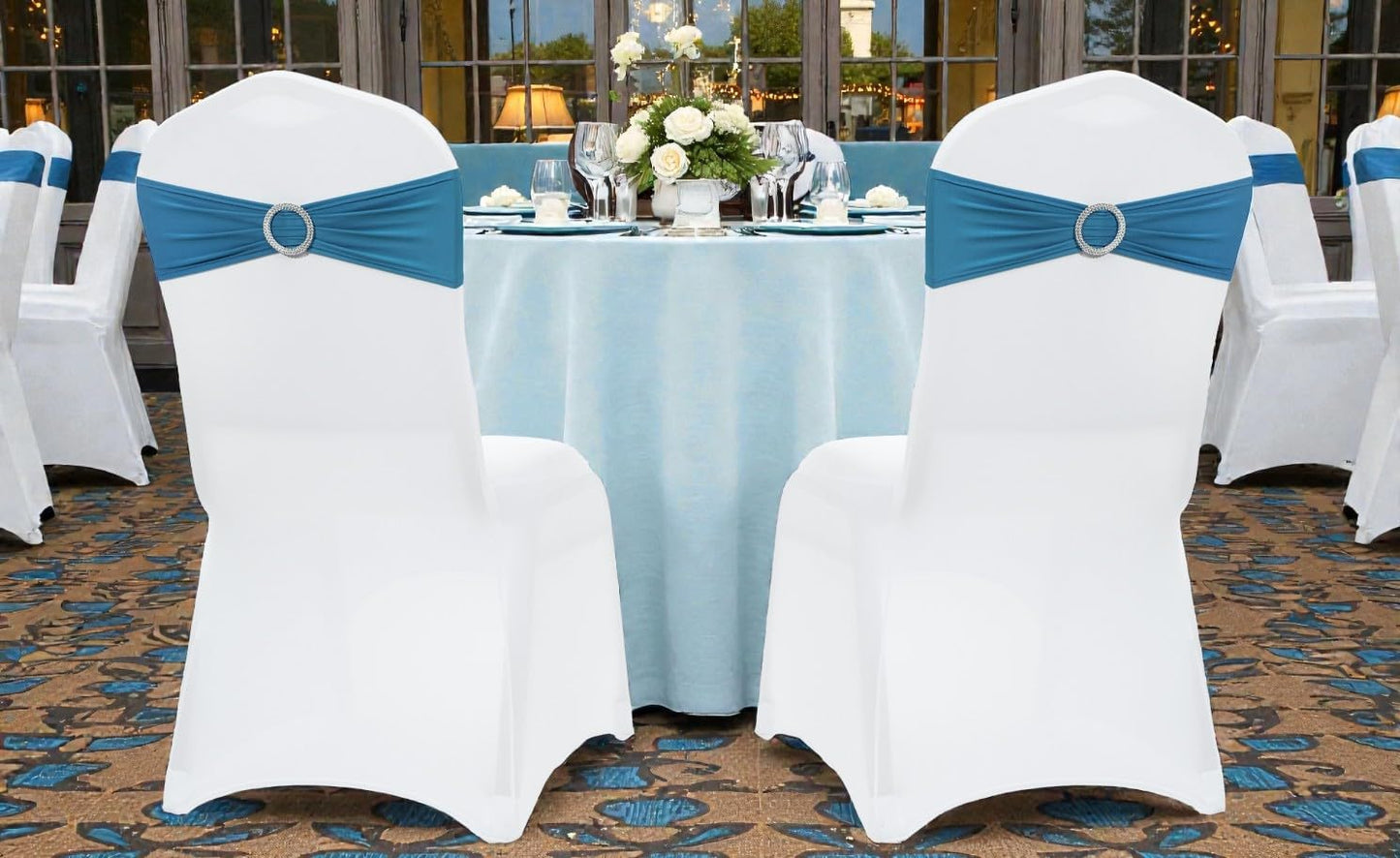 MDS Premium Spandex Chair Sashes - Stretchy Bow Covers with Buckle Slider | Pack of 100 - Dark Teal