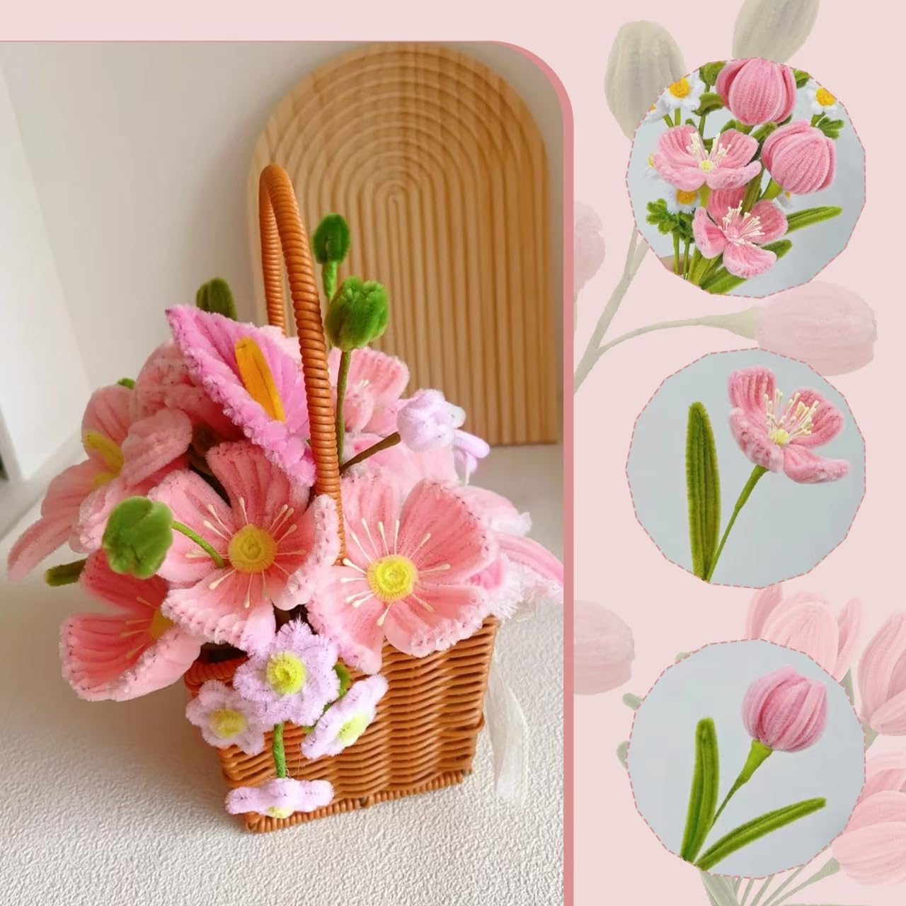 500 Pcs Pipe Cleaners Craft,Pipe Cleaner Bulk Flower Kit,6 Colors Chenille Stems Flower Kit for DIY Handmade Whit Ribbons,Stems,Tape,Stamens, Glue Sticks,Gift for Art Project Activity (Pink)
