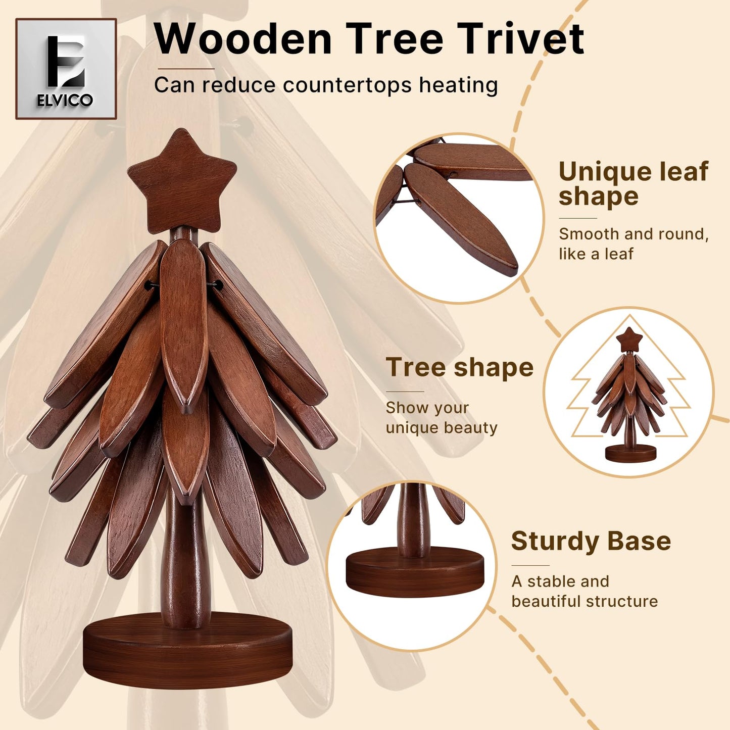 Wooden Trivets for Hot Dishes, Wooden Tree Trivet Set of 4 + 1 Stand Stored Like a Christmas Tree, Premium Heat-Resistant Natural Trivet Set for Kitchen Countertop, Bowl, Teapot