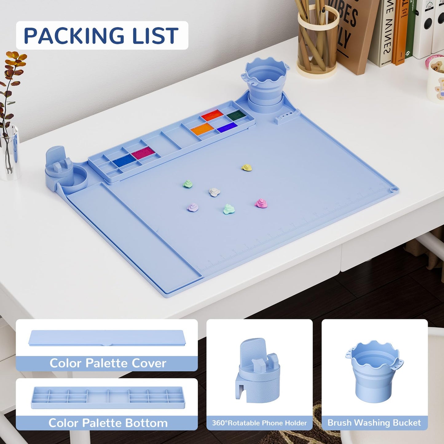 Silicone Art Mat for Kids Silicone Painting Mat Silicone Painting Station with Detachable Cup,Palette with Lid &360°Phone Holder Craft Mat for Kid Paint Mat with Bulit-in Brush Rest&Ruler 20"X16" Blue
