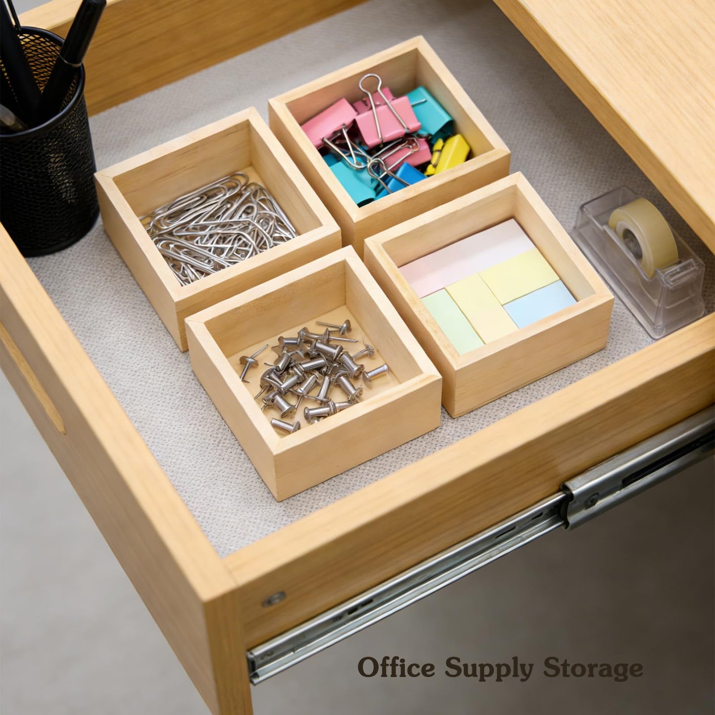 4 Pack Unfinished Wooden Craft Storage Organiser Boxes, 3.15 x 3.15 x 1.57 inch Square Rustic Small Wooden Box, Rustic Natural Wood Container Box for Home Decor, Desktop Drawer Organizer