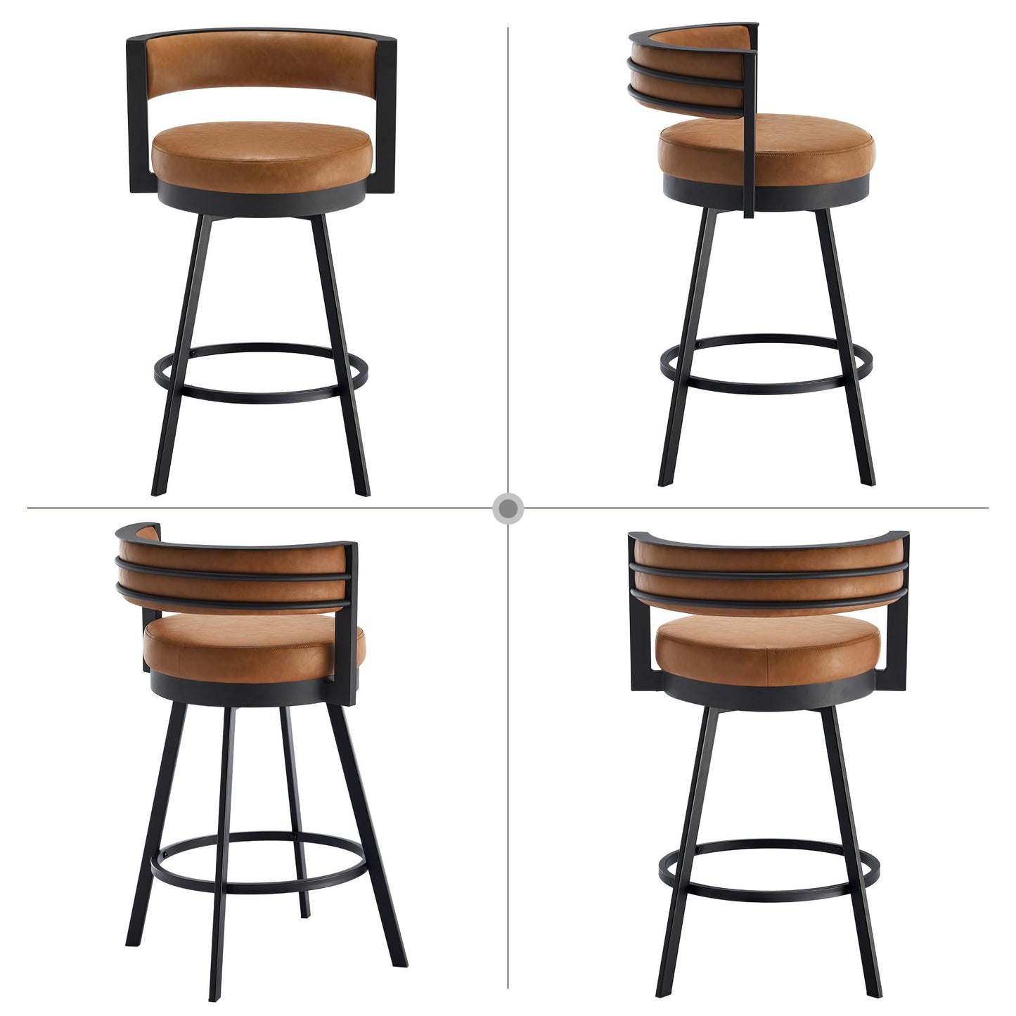ONEVOG Swivel Counter Bar Stools Set of 2, 26.6 inch Seat Height Modern Barstools with Back and Metal Legs, Upholstered Funky Kitchen Island Chairs for 36"-40" Counters, Faux Leather Padded, Brown