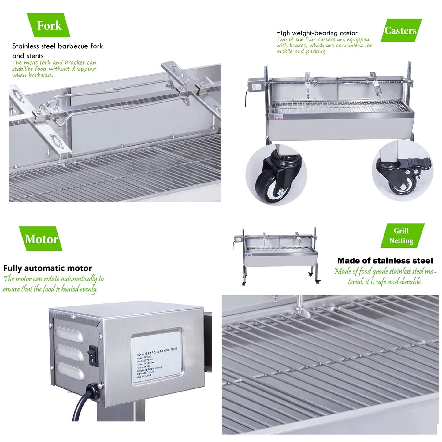 PreAsion 35 Inch BBQ Rotisserie Grill Roaster Stainless Steel Barbecue Charcoal Grill with Back Cover Automatic Rotary Pig Lamb Spit Kit 15W 110V