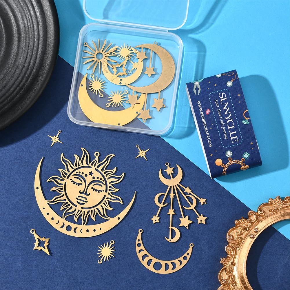 SUNNYCLUE 1 Box 19Pcs 10 Styles Filigree Star Charms Flat Connector Link Charms Brass Gold Hollow Sun Moon Retro Vintage Joiners Links Pendants Findings for Jewelry Making Necklace Bracelet DIY Craft
