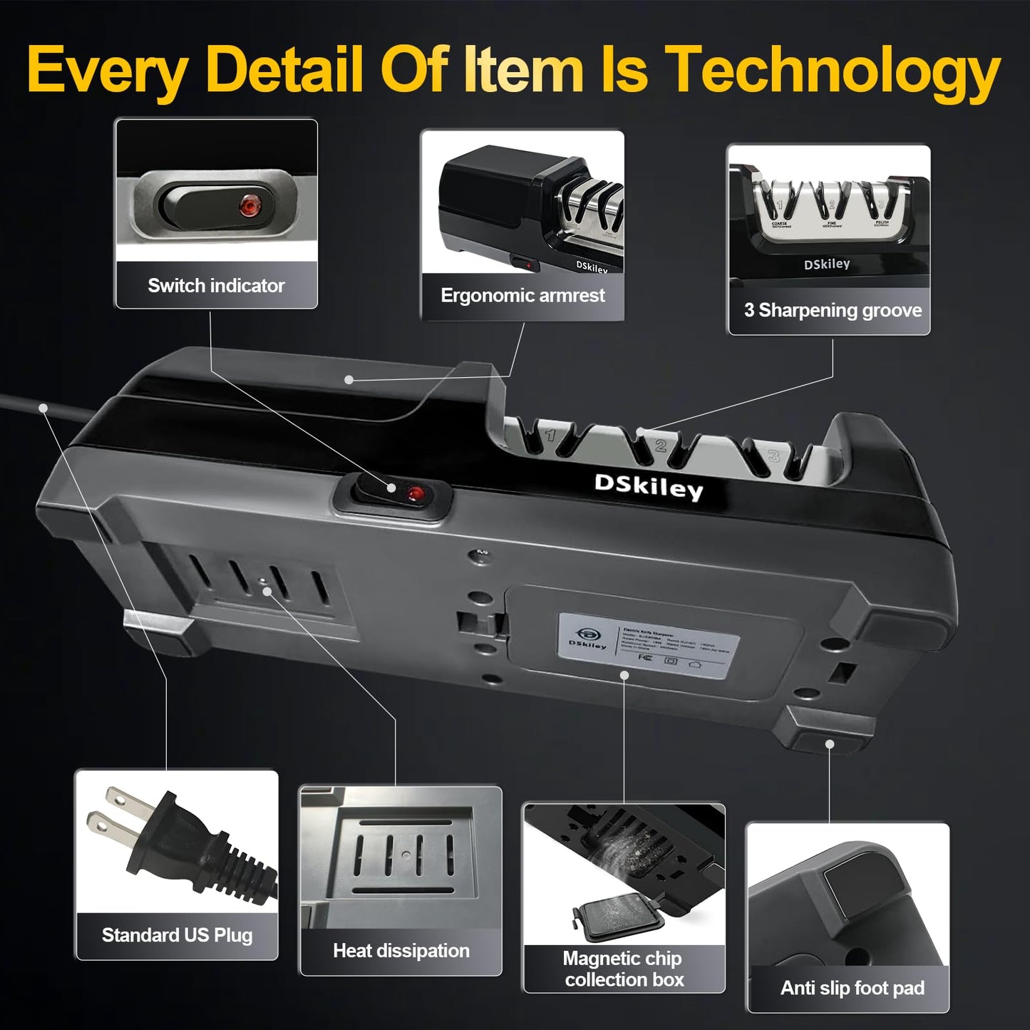 Electric Knife Sharpener for Kitchen – Professional 3-Stage 100% Diamond System with 20° Precision Angle, Fast Sharpening to Restore & Polish Chef Knives(Black)