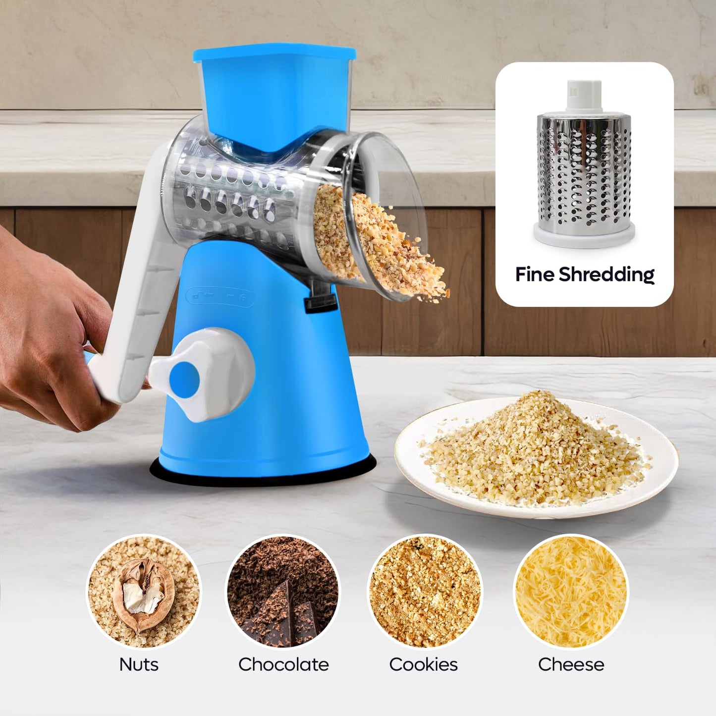 Windbyrd Rotary Cheese Grater 3-in-1 – Hand-Crank Vegetable Slicer with Strong Suction Base, Stainless Steel Drum for Cheese, Nuts & Vegetables – Fast & Safe
