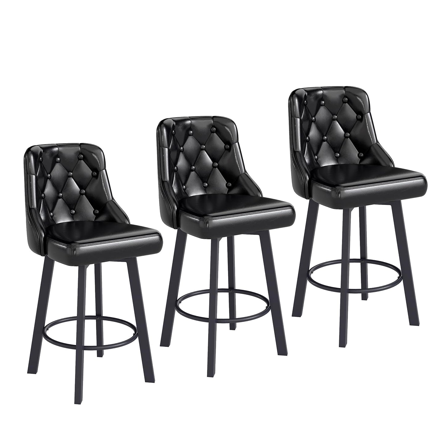 Youhauchair Bar Stools Set of 3, 26" Tufted Modern Counter Height Barstools with Back & Footrest & Metal Leg, Faux Leather Upholstered Bar Chair for Kitchen Island, Dining Room, Pub, Cafe, Black