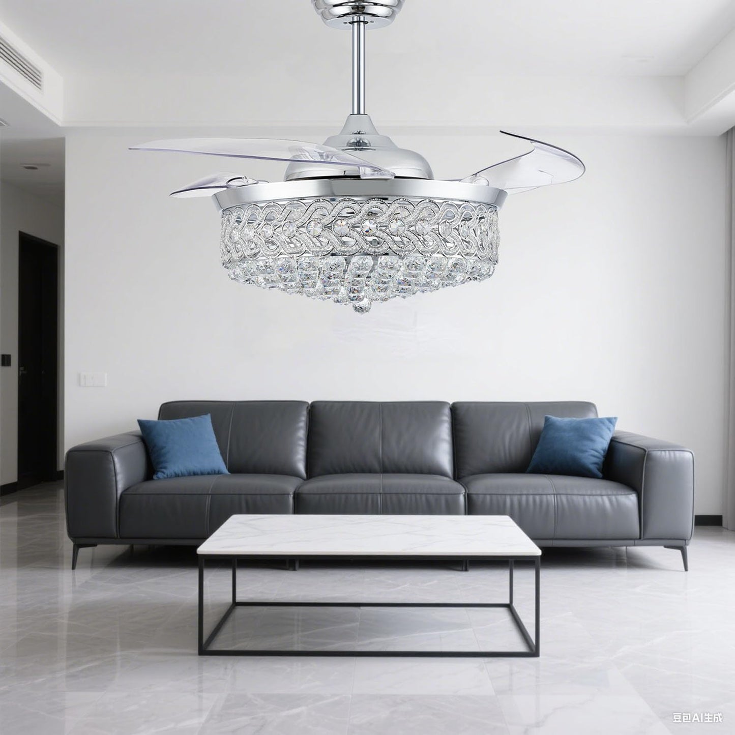 PAFRUMGE 52" Crystal Ceiling Fan with Light and Remote,Dimmable Fandelier with Invisible Retractable Blades, Modern Chandelier Ceiling Fans with Lights for Bedroom Living Room 6 Speed Chrome