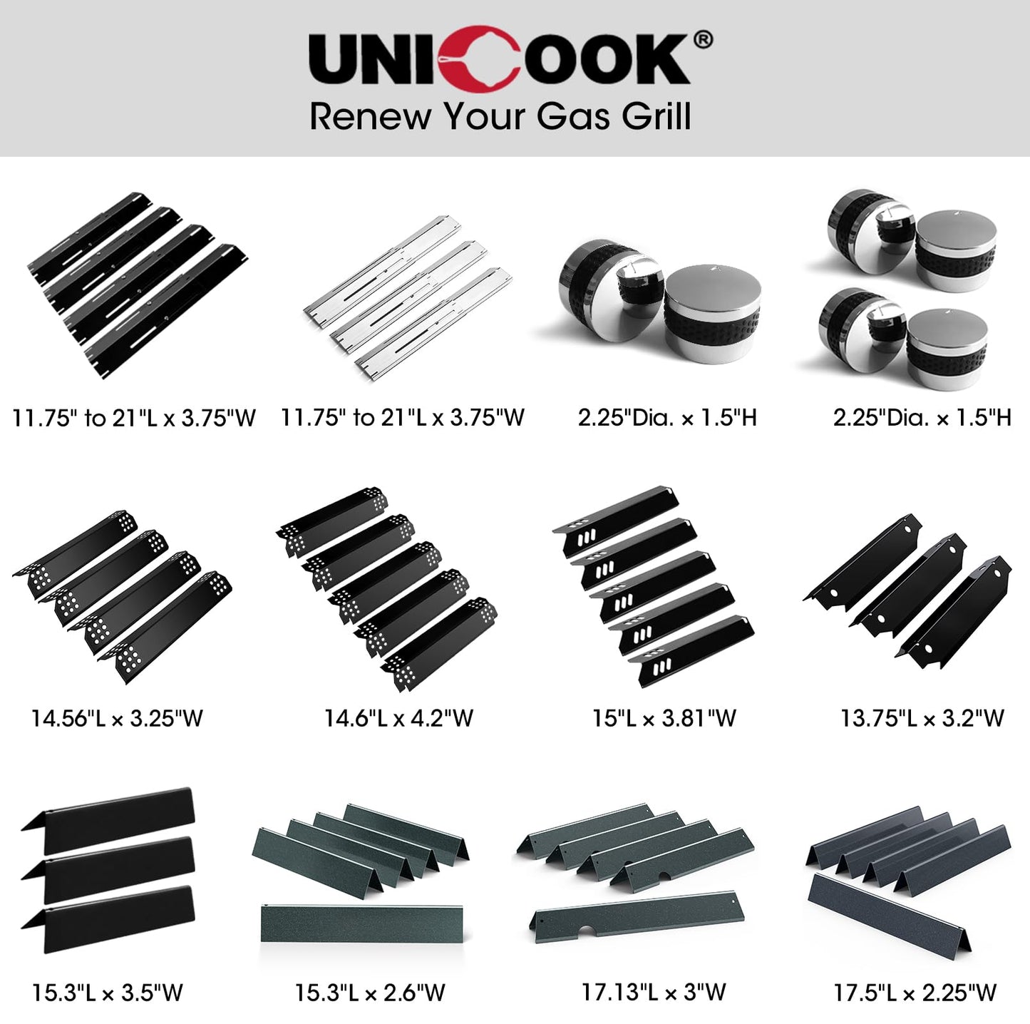 Unicook Universal Replacement Heavy Duty Adjustable Porcelain Steel Heat Plate Shield, Heat Tent, Flavorizer Bar, Burner Cover, Flame Tamer for Gas Grill, Extends from 11.75" up to 21" L, 4 Pack