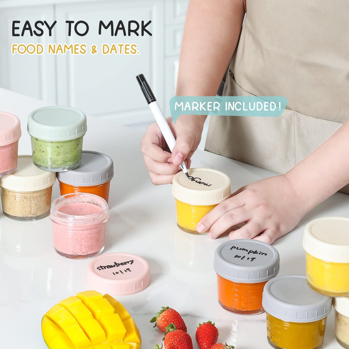 VITEVER 12Pack Glass Baby Food Storage Containers - 4 oz Baby Food Storage Jars With Lids, Baby Food Maker, Microwave, Dishwasher & Freezer Safe