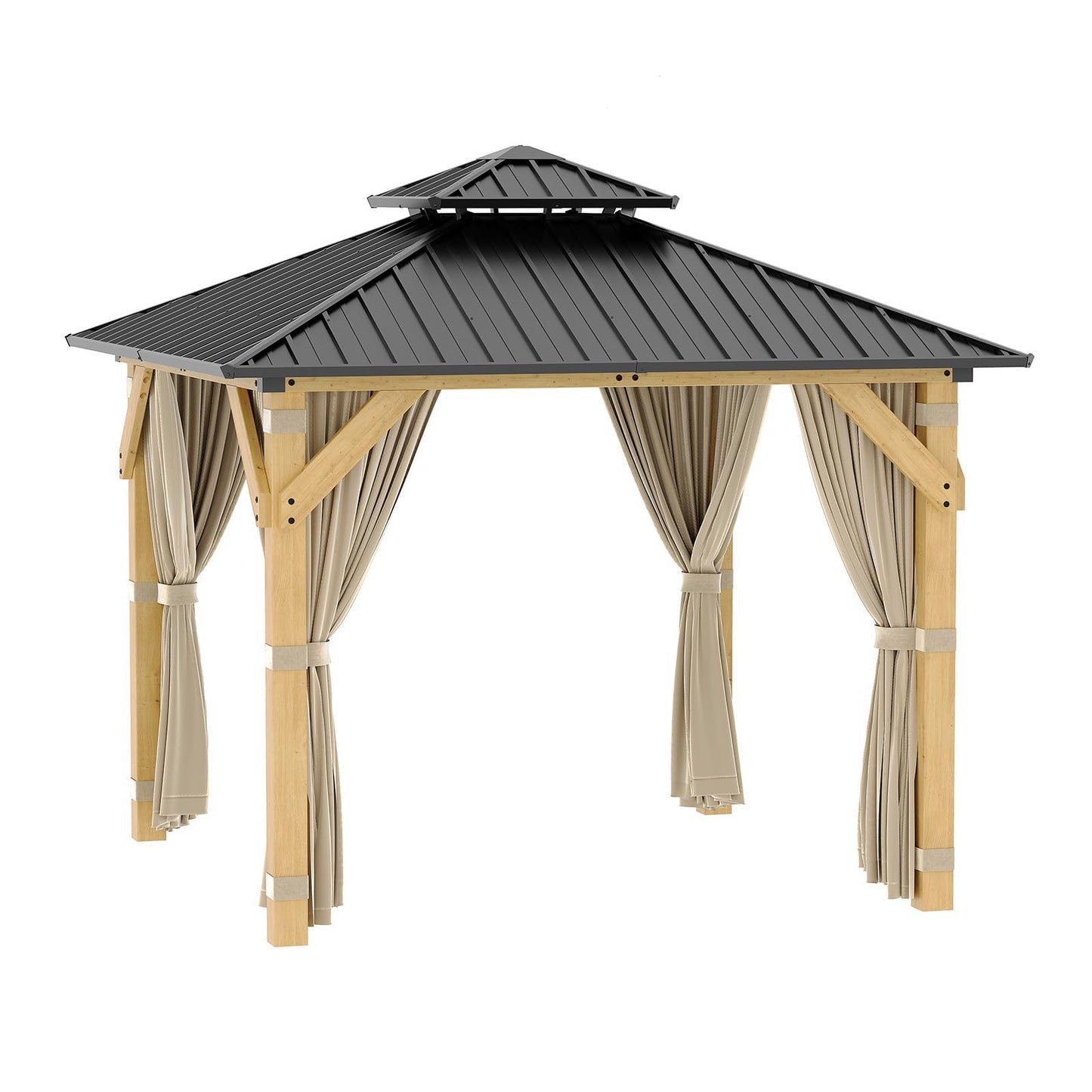 10x10 FT Outdoor Hardtop Wood Gazebo with Cedar Frame, Double Galvanized Steel Roof, Patio Pavilion with Curtains, Mesh Netting & Ceiling Hook for Backyard, Deck, Lawn, Garden