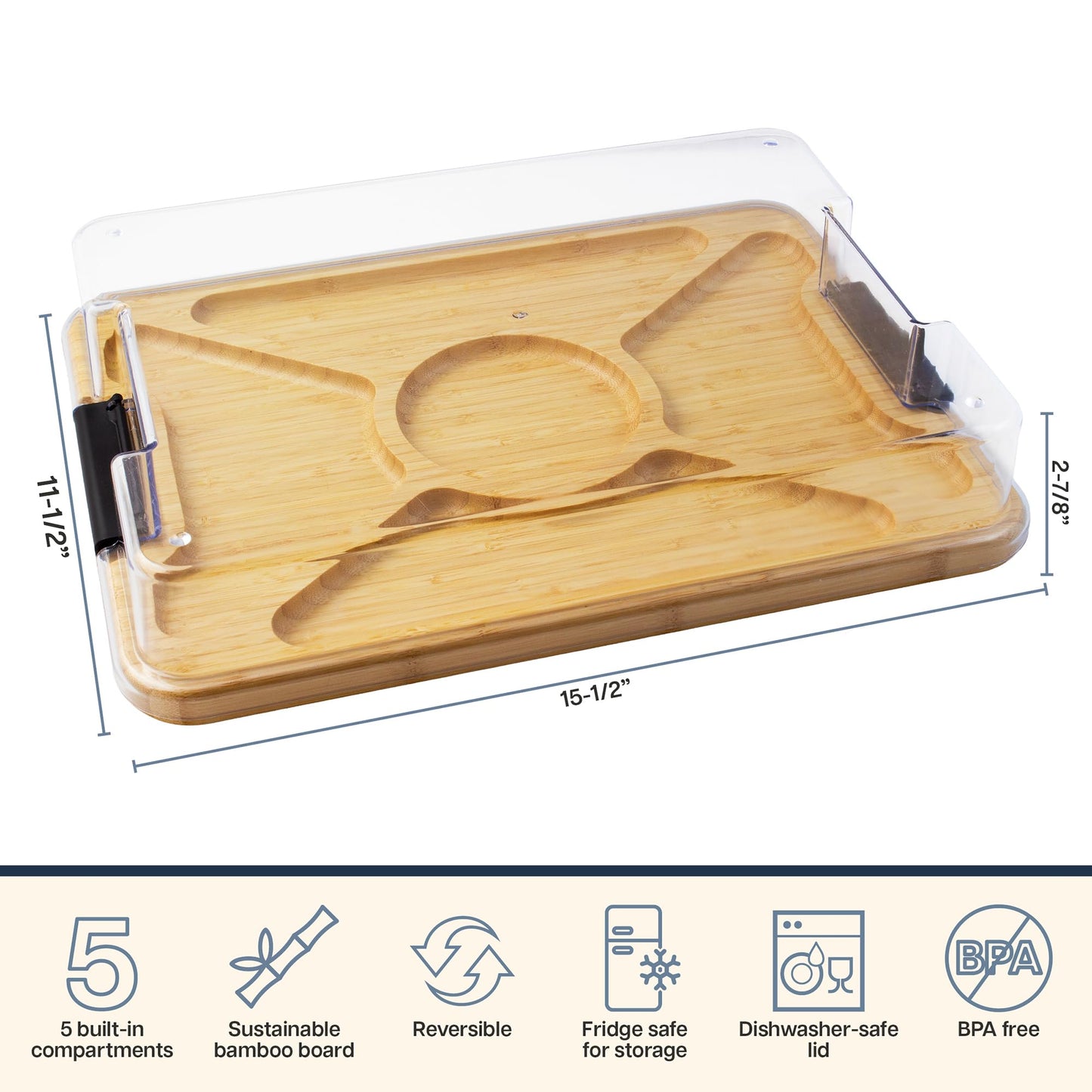 Totally Bamboo Flip, Serve & Store Charcuterie Board with Lid – Reversible Cutting Board & Serving Tray with Compartments, Juice Groove Side, Locking Travel Cover, 15.5 x 11.5 Inches