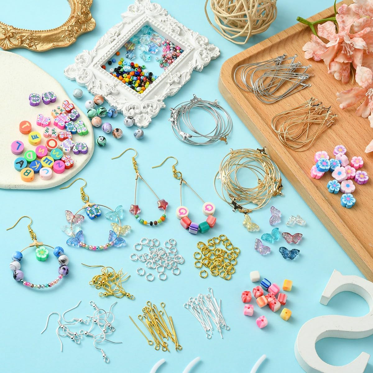 Echoed Elegance DIY Earring Making Kit with Butterfly Glass, Flower Polymer Clay Beads, Mixed Color Metal Findings, Storage Box for Dangle Earrings, Hoop Earrings and Personalized Gifts