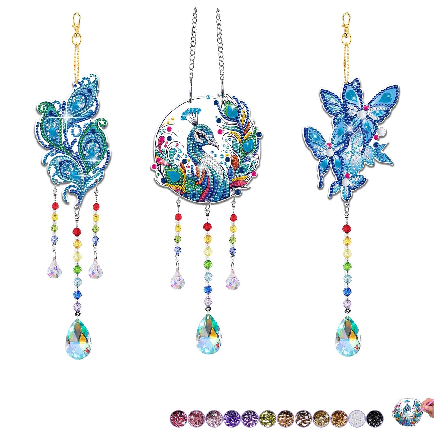 Arts and Crafts for Girls Ages 6-12, DIY Diamond Painting Kits for Kids Teens Adults, Birthday Gifts for 6 7 8 9 10 11 12 Year Old Girls, Peacock Butterfly Feather Wind Chimes for Home Garden Decor