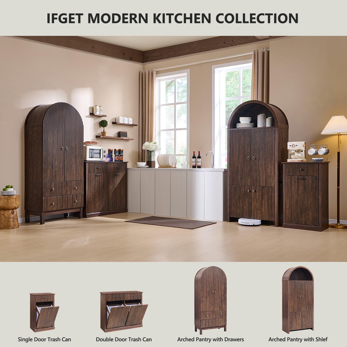 IFGET 71" Tall Arched Kitchen Pantry, Modern Fluted Wood Storage Cabinet with Doors, 3 Adjustable Shelves, 6 Door Shelves, Organizer, Versatile Cupboard for Kitchen, Bathroom, Brown