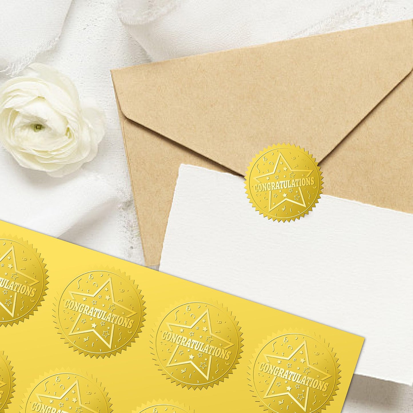 CRASPIRE 408Pcs Congratulations Gold Foil Embossed Stickers 2" Star Self Adhesive Envelopes Embossing Seals Round Labels for Wedding Invitation Corporation Graduation Certificates Diplomas Gift Award