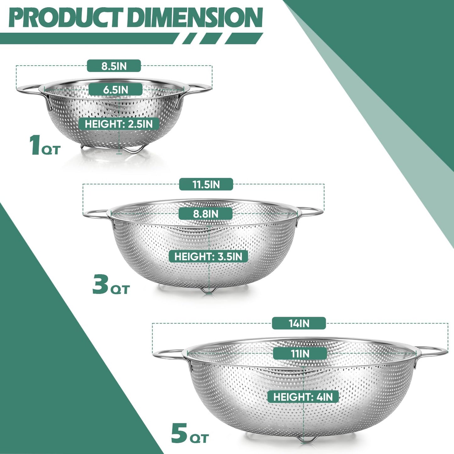 Leonyo Stainless Steel Colander for Kitchen, Micro-Perforated Metal Strainer with Handles for Draining Pasta, Strainers and Colanders Set of 3(1-3-5Quart) for Rinsing, Steaming, Dishwasher Safe