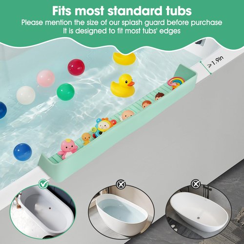 Longer Splash Guard for Bathtub Kids, 2.6 Ft Silicone Bathtub Splash Guard for Tub Kids with 11 Strong Suction Cups, Play Shelf & Toy Holder Tray to Prevent Mess and Water Overflow from the Tub