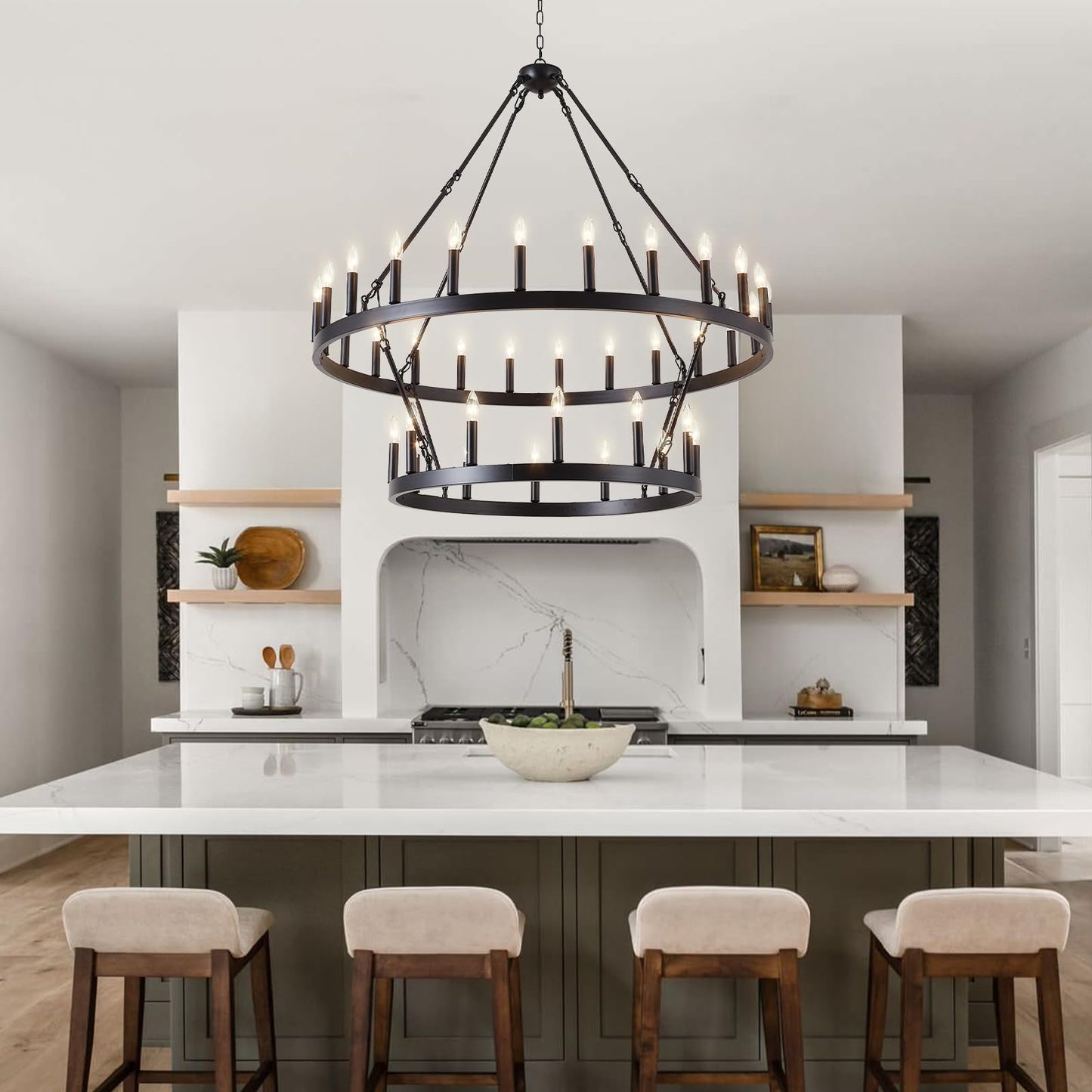 VBKK Black Wagon Wheel Chandelier 2 Tier 36-Light, 48-Inch Large Farmhouse Industrial Chandelier Round Rustic Pendant Light Fixture for High Ceilings Foyer, Entryway, Dining Room, E12