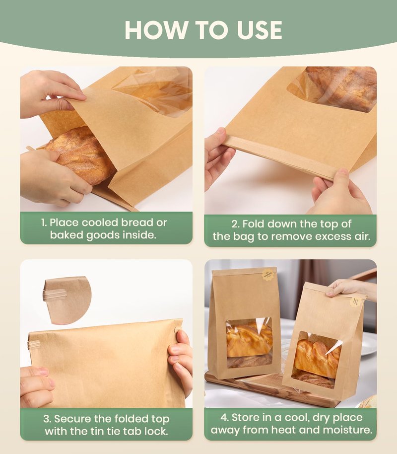 Perenllareta 50 Pack Heavy Duty Sourdough Paper Bags Resealable with Window for Round Loaf Selling | Large Thick Kraft Brown Bags for Homemade Bread Gift Giving Sour Dough Packaging 13.6x8.3x4.1in