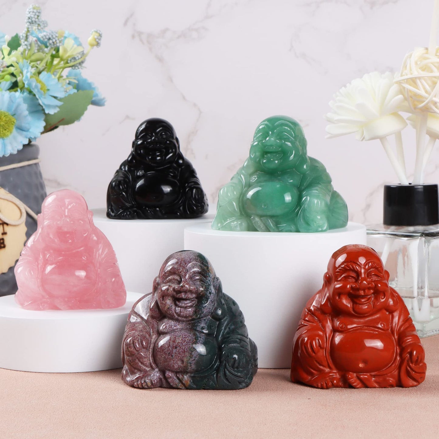 Artistone Crystals 2.0 inch Hand Carved Ocean Jasper Maitreya Buddha Figurine Healing Crystal Gemstone Seated Lucky Buddha Pocket Stone Home Decoration