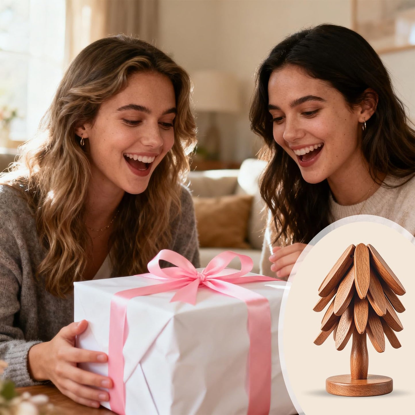 Smartwikiit Wooden Tree Trivet Set - 4 Heat-Resistant Sapele Wood Trivets with Stand for Hot Pots and Pans, Kitchen Countertop Protection, Christmas Tree Design Wooden Pot Holders