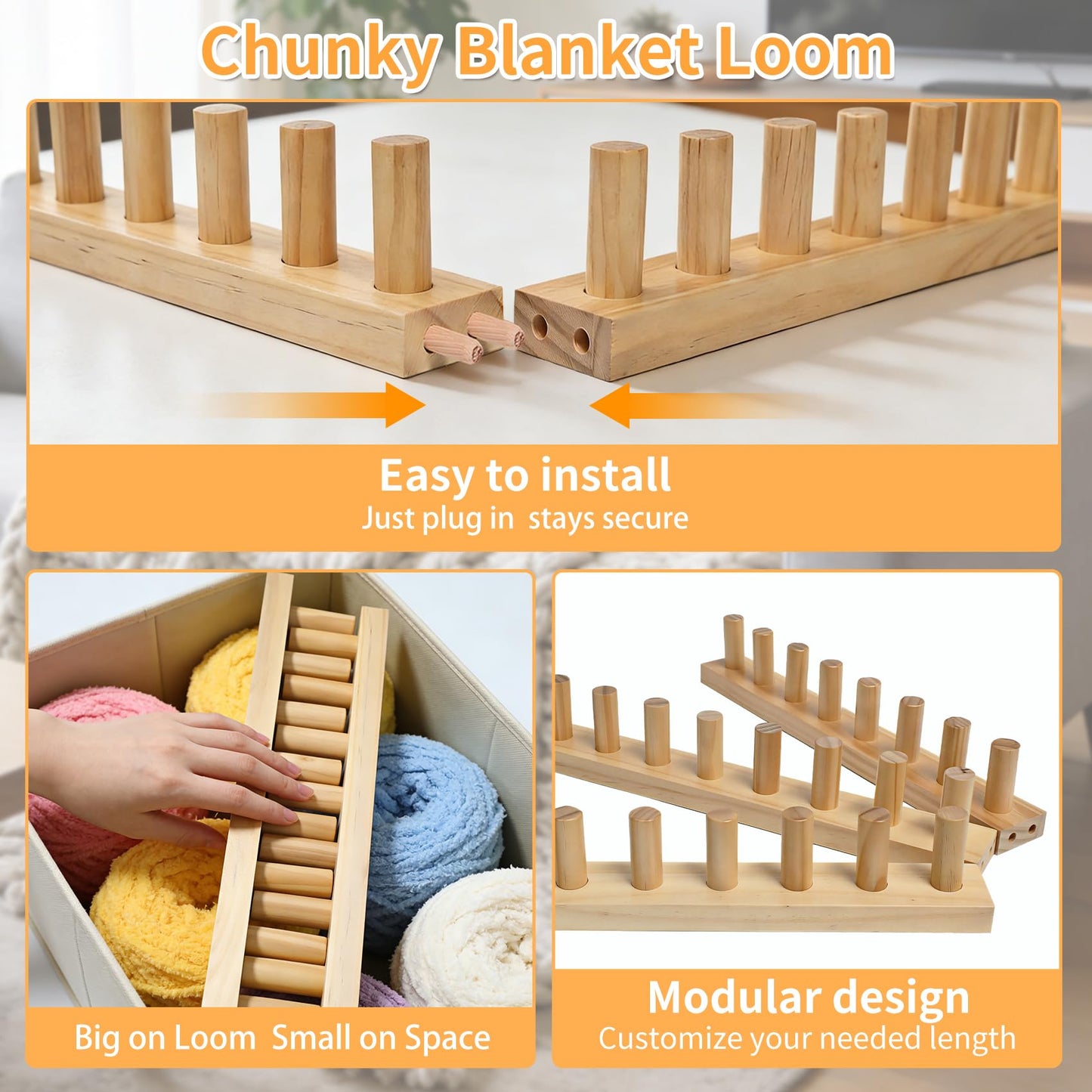 𝙉𝙚𝙬 60" Chunky Yarn Loom, Adjustable Looms for Chunky Blankets, Premium Wood with Tool-Free Assembly, Beginner Friendly Hand Knitting Kit for DIY Blankets and Thoughtful Gift Making