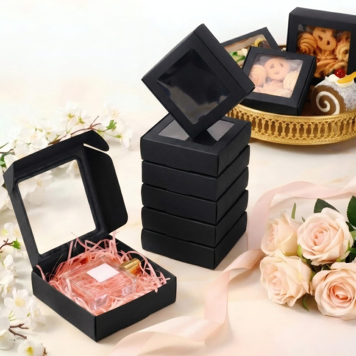 Sbarklo 30 Pcs Kraft Paper Boxes with Window - 4.13 x 4.13 x 1.18 Inch Small Gift Boxes, Treat Boxes for Candy, Soap, Mini Treat Packaging, Bakery, Chocolate, Jewelry Display & Party Favors (Black)