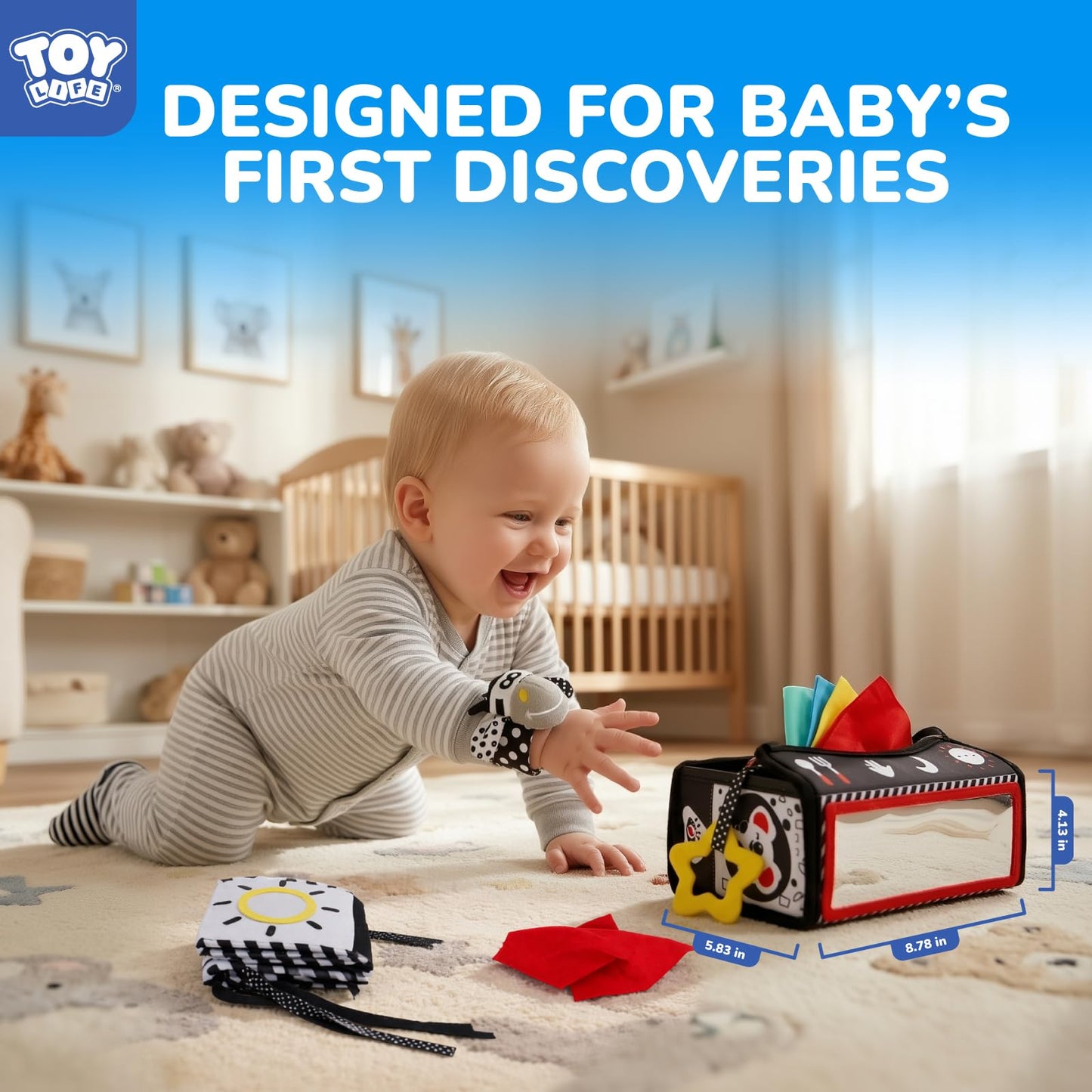 TOY Life High Contrast Baby Toys 0-6 Months - Black & White Newborn Tummy Time Sensory Toys Set with Soft Montessori Visual Stimulation Infant Book, Boy Girl Shower Gift, Easter Basket Stuffers
