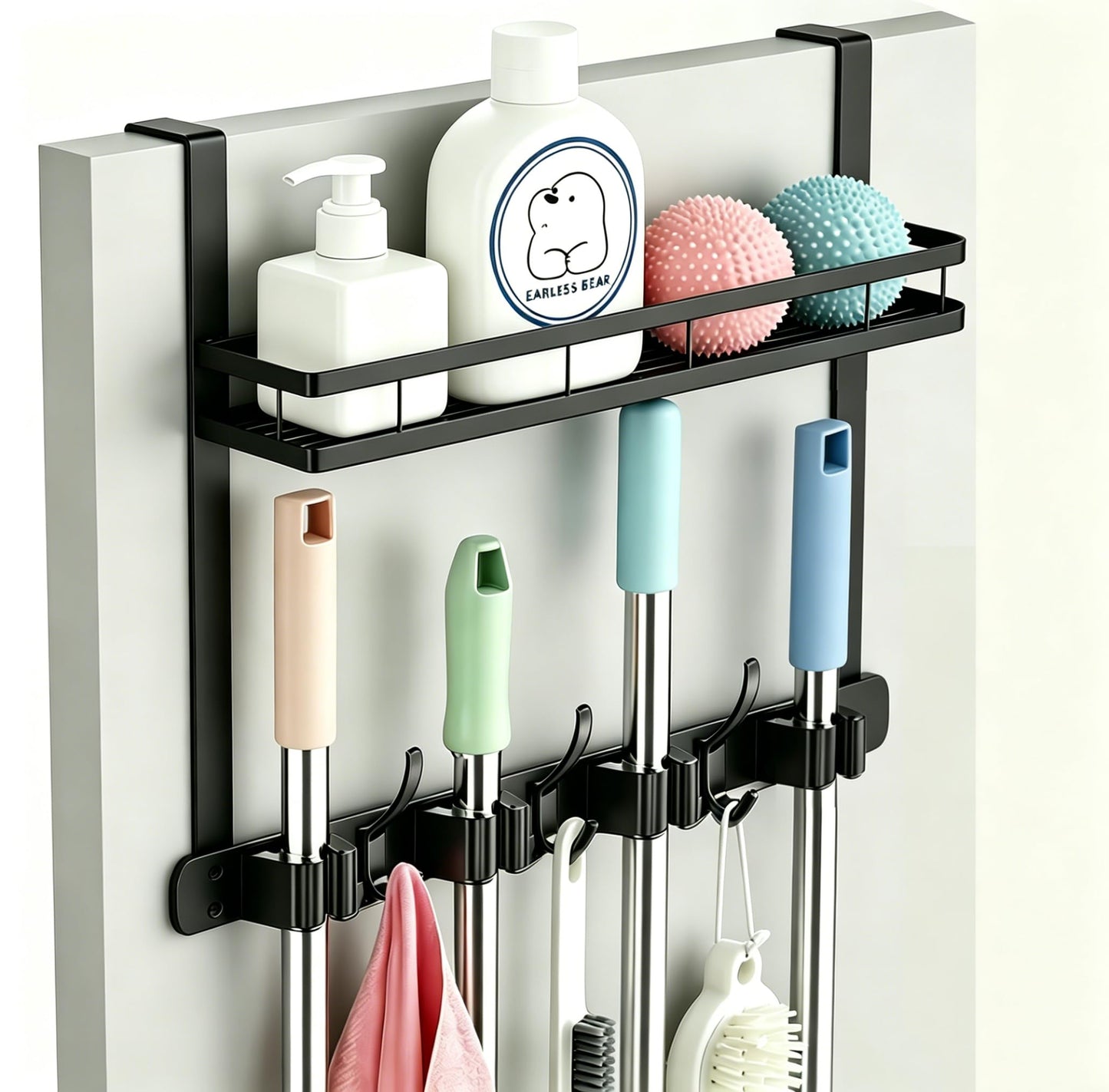 EARLESS BEAR Over the Door Heavy Duty Metal Broom & Mop Holder, No-Drill Cleaning Supply Organizer with 4 Grips, 3 Hooks & 1 Storage Basket for Laundry Room & Garage