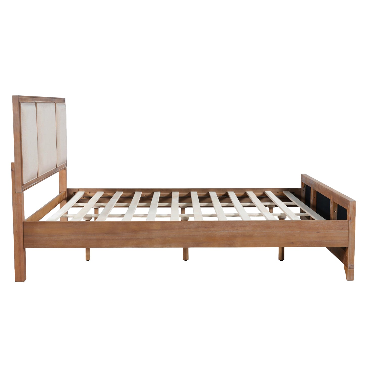 Queen Size Wooden Bed Frame with Upholstered Headboard, Natural Wood & Beige Fabric, Solid Wood Platform, Modern Farmhouse Style