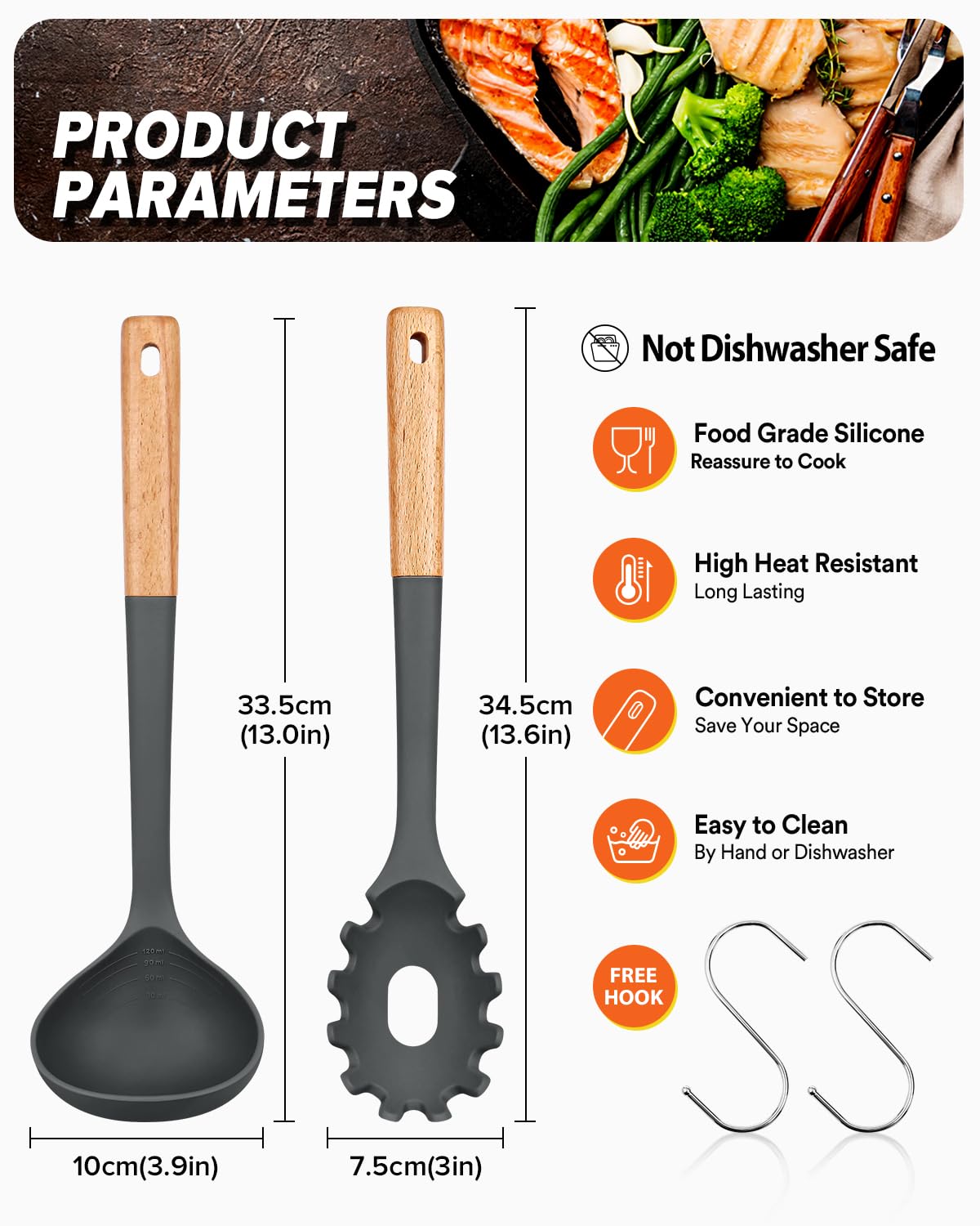 Pasta Fork and Ladle Set, Perfect for Serving Hot Soup, Stirring, and Sauce Pasta, BPA-Free Matte Silicone, Wood Handle Spaghetti Spoon for Nonstick Cooking Surfaces (Grey)