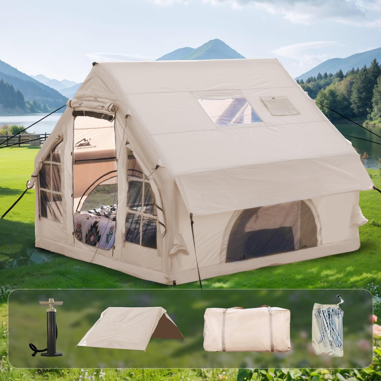 Romantic Camp Inflatable Camping Tent with Pump,4-6 Person Waterproof Blow Up Air Tent for Camping Hiking,Easy to Set Up 4-Season Inflatable House Tent with Oversized Canopy(75FT²).