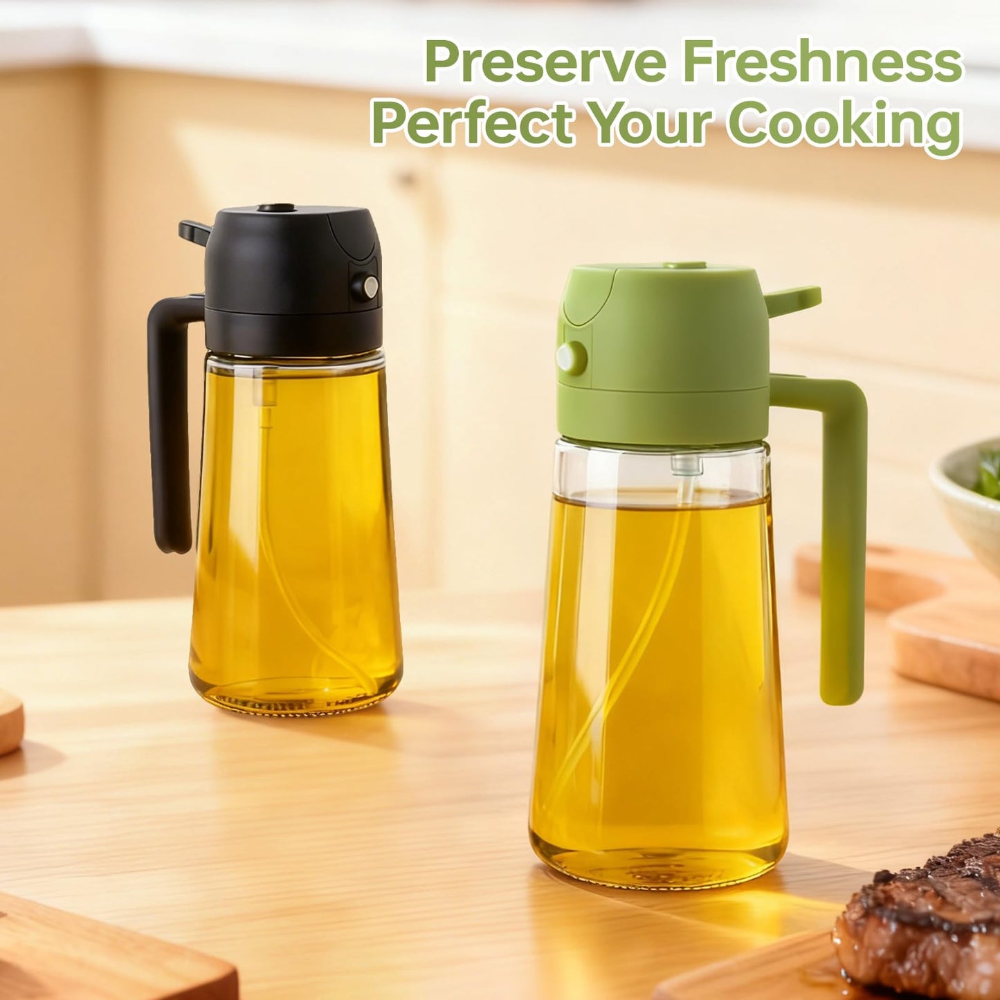 RMNJPW 2Pcs Glass Oil Sprayer for Cooking 16oz/470ml, Kitchen Gadget for Air Fryer, Salad, BBQ, Frying(White) (Black+Green)
