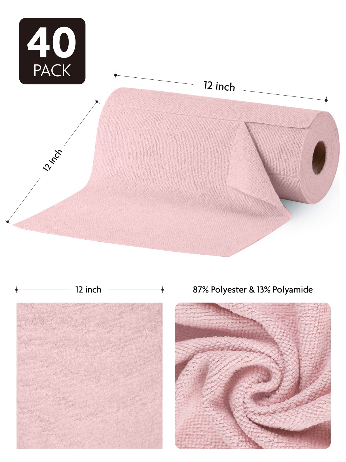 Fantasticlean Microfiber Cleaning Cloth Roll -40 Pack, Tear Away Microfiber Towels, 12" x 12", Reusable, Washable, Lint Free, Ultra Absorbent Dishcloth for Car, Pet, Kitchen Cleaning Supplies (Pink)
