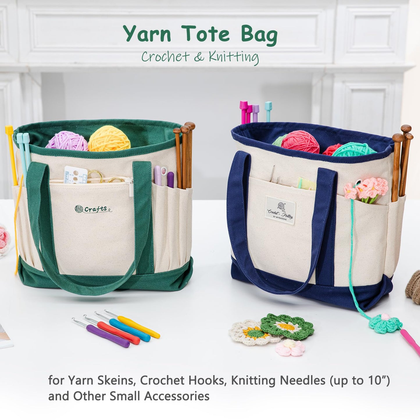 MYBAGZING Canvas Yarn Storage Organizer Bag Washable Crochet Bag with Pockets for Yarn, Hooks, Needles – Travel Knitting Tote for Crafters – Gift for Crocheters & Knitters (Medium/Large)