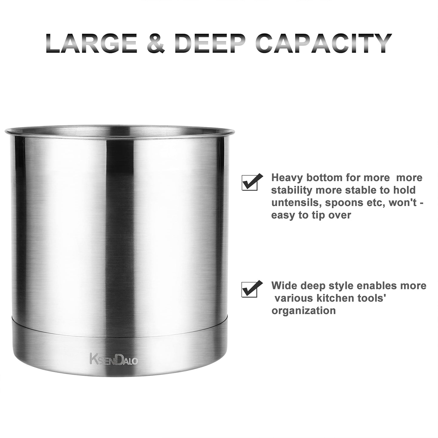 KSENDALO Stainless Steel Utensil Holder 7x7inch Large Utensil Holder for Countertop, Round Utensil Caddy for Spoons, Silverware, and Spatulas for Kitchen, Silver