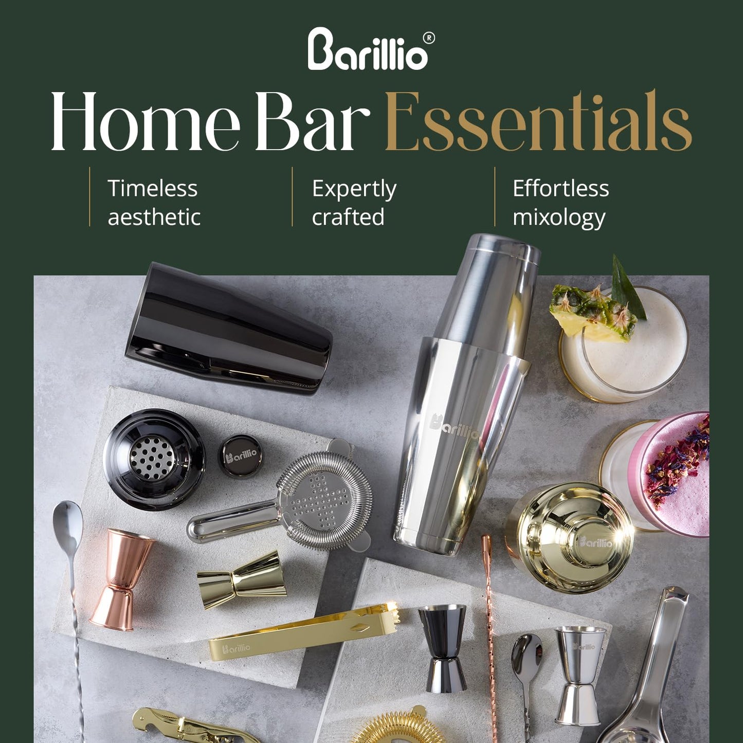 Barillio Gold Bartender Kit - Stainless-Steel Cocktail Shaker Set w/Black Bamboo Stand - Mixology Bar Tools w/Drink Shaker, Mixer, and Muddler for Cocktails - Home Bar Accessories - 23-Pc Bar Set