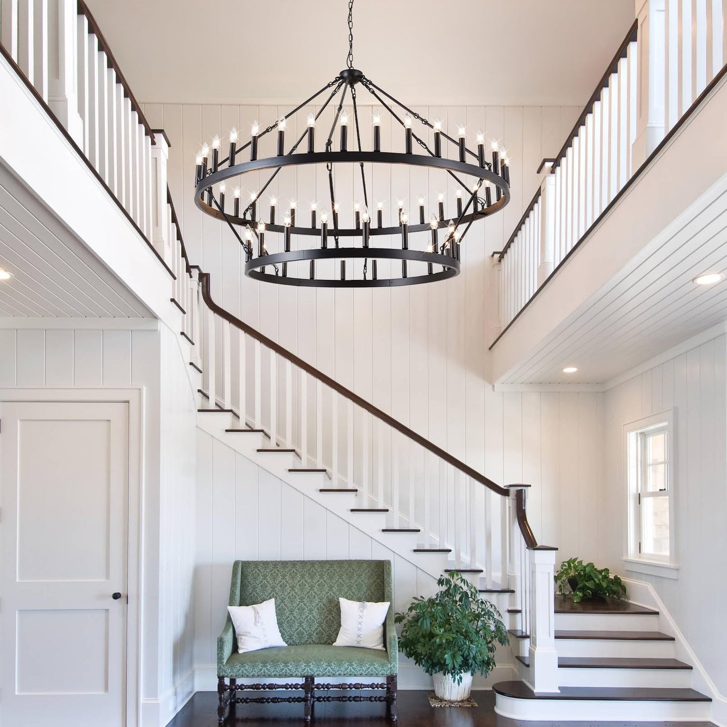 VBKK 60-Inch Black Extra Large Wagon Wheel Chandelier, 2 Tier 54-Light Farmhouse Chandeliers Industrial Round High Ceiling Pendant Light for Dining Room, Living Room, Entryway, E12