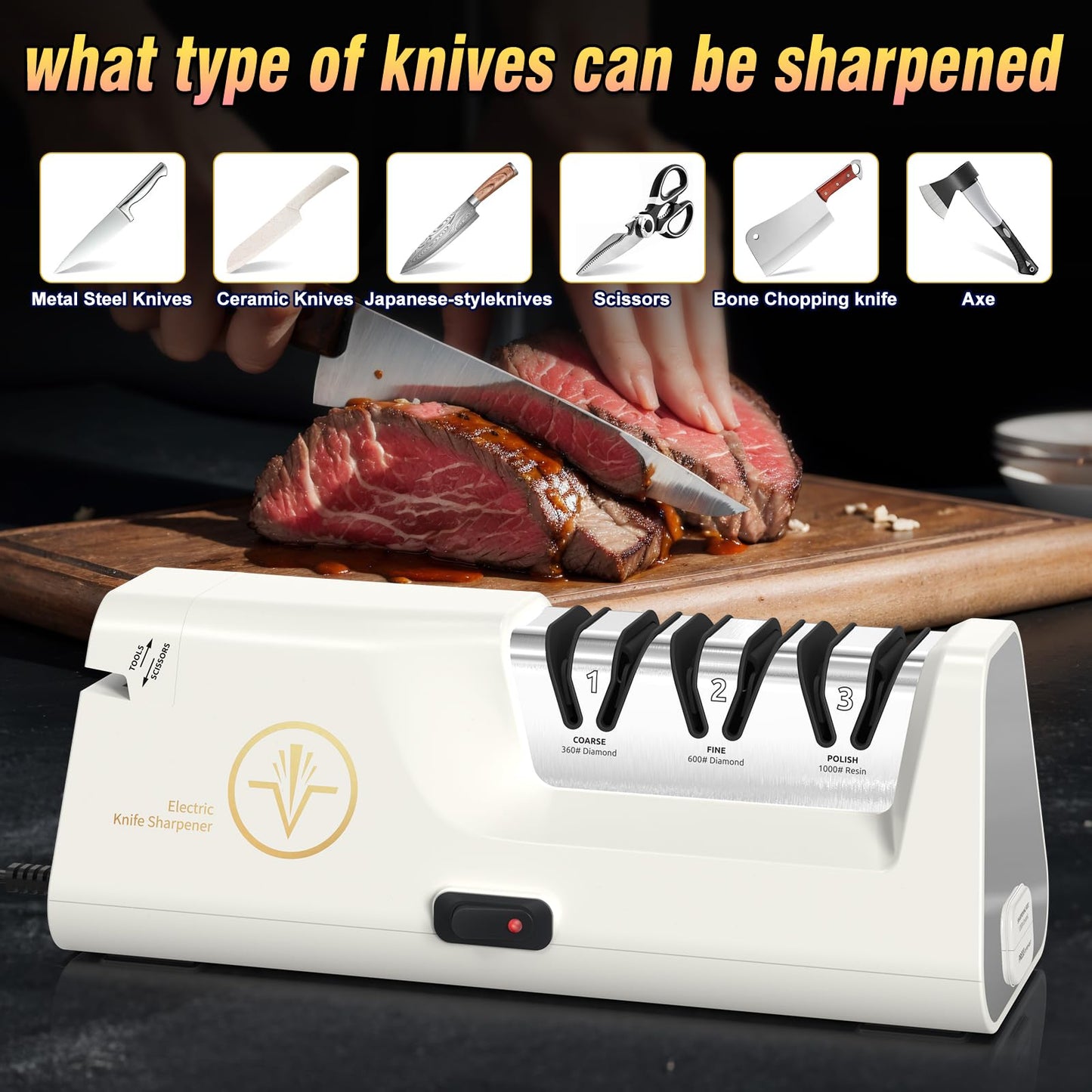 Professional Electric Knife Sharpeners with Diamond Abrasives and Precision Angle Guides, Multifunctional 4-Stage Slots and a hidden Knife Sharpener Rod, Suitable for various knives, scissors, axes 