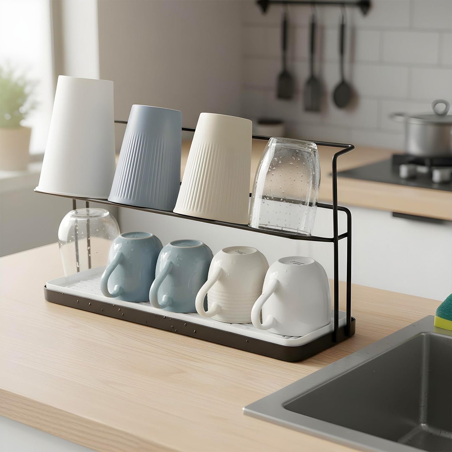 2-Tier Bottle Drying Rack Cup Cradle Storage with Drain Removable Tray Mug Organizer, Over Sink Instant Dry Small Dish Dryer for Kitchen Countertop Water Bottles and Tumblers,Coffee Mugs, Glasses,